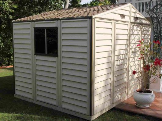 Duramax - caseta jardín - WOODSIDE 10x8 - Resina PVC - color marfil y marrón